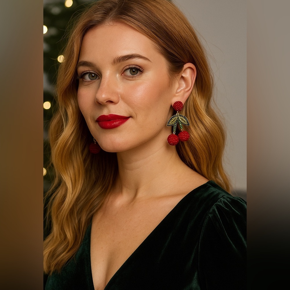 Festive Beaded Cherry Earrings – Red & Gold Statement Style 🍒✨NEW